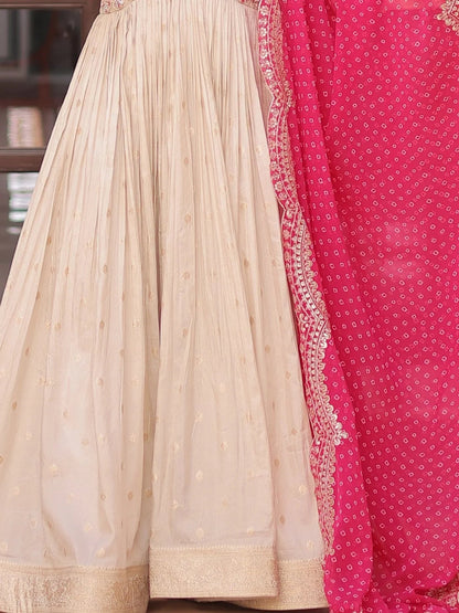 Beige Bead Work Jacquard Festive Wear Gown With Purple/Red/Pink Dupatta