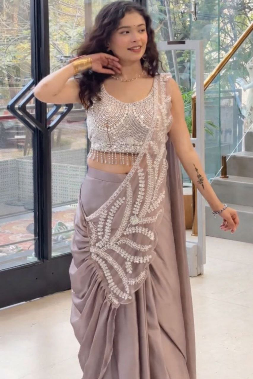 Women Ready to Wear Saree with Embroidery Sequence Work & Fully Stitched Blouse | Rangoli Fabric Saree for Wedding & Festive Wear
