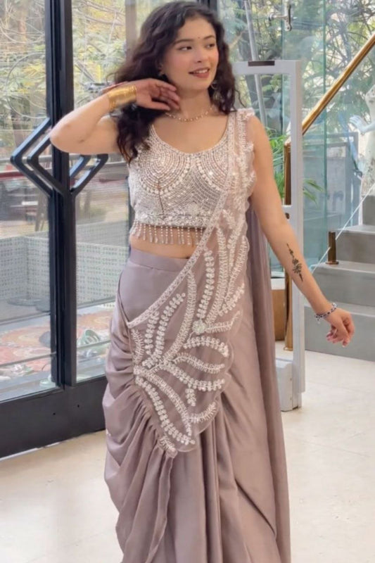 Women Ready to Wear Saree with Embroidery Sequence Work & Fully Stitched Blouse | Rangoli Fabric Saree for Wedding & Festive Wear