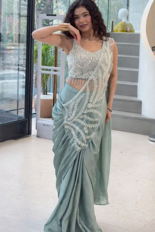 Women Ready to Wear Saree with Embroidery Sequence Work & Fully Stitched Blouse | Rangoli Fabric Saree for Wedding & Festive Wear