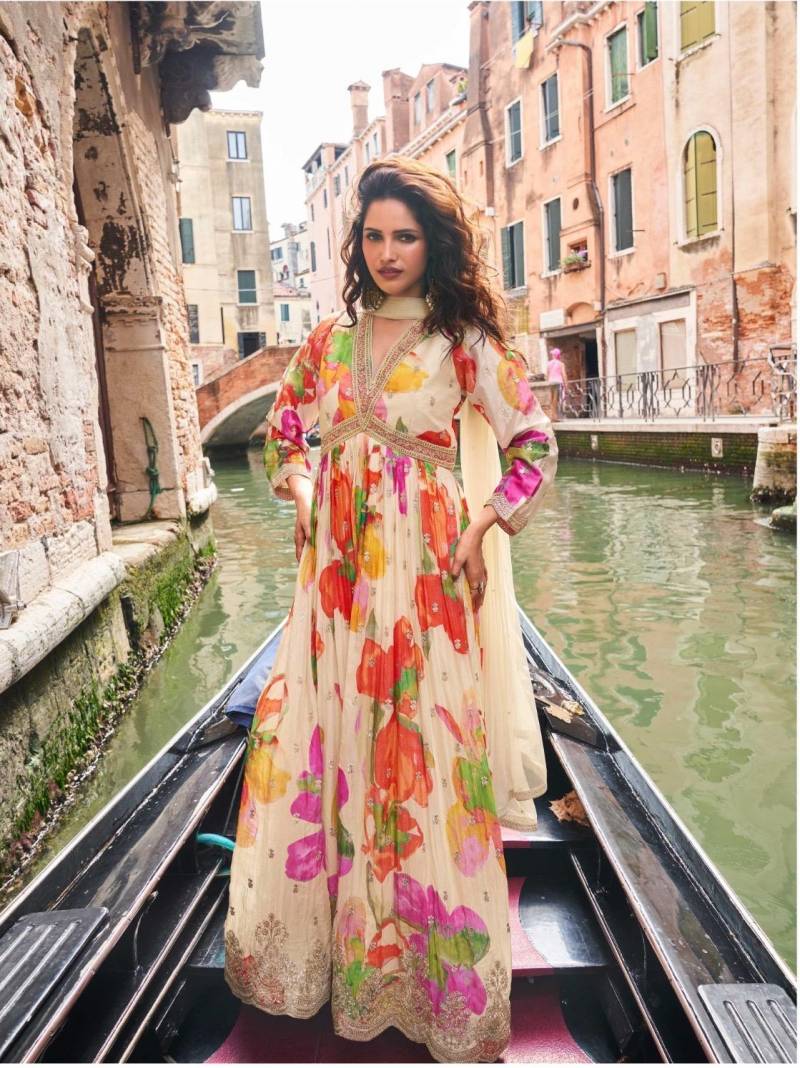 Real Chinon Silk Premium Gown With Dupatta Collection
