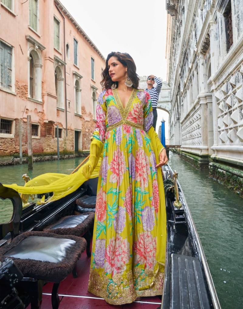 Real Chinon Silk Premium Gown With Dupatta Collection