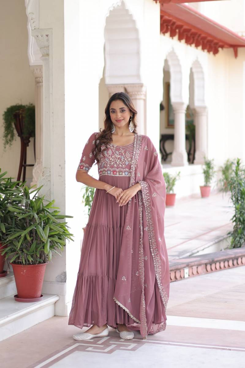 Sequins Beads Embroidered Faux Blooming Gown With Dupatta Collection