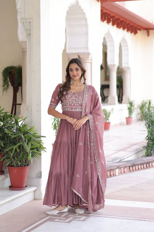 Sequins Beads Embroidered Faux Blooming Gown With Dupatta Collection