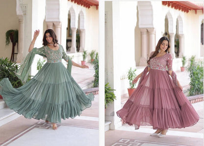 Sequins Beads Embroidered Faux Blooming Gown With Dupatta Collection
