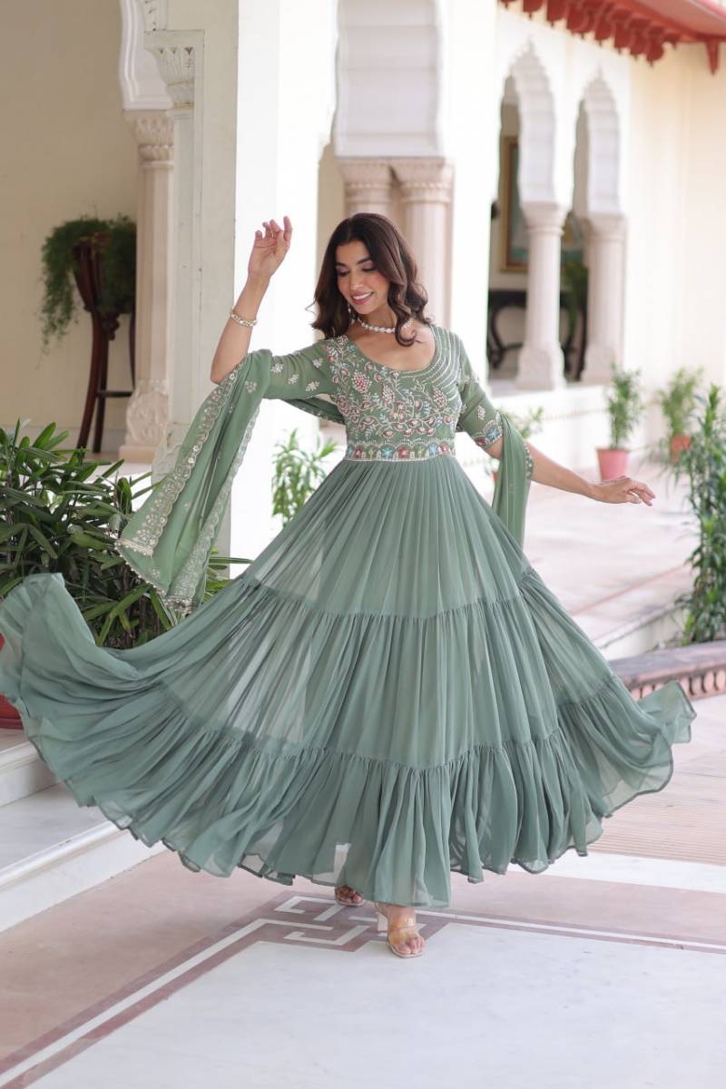 Sequins Beads Embroidered Faux Blooming Gown With Dupatta Collection