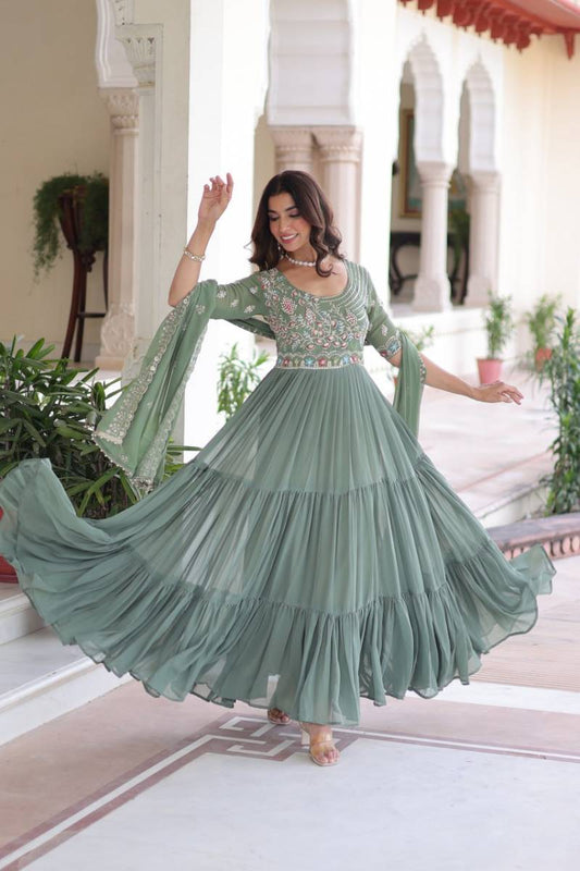Sequins Beads Embroidered Faux Blooming Gown With Dupatta Collection