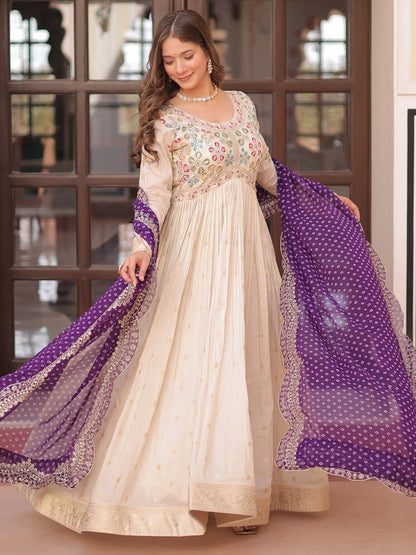 Beige Bead Work Jacquard Festive Wear Gown With Purple/Red/Pink Dupatta