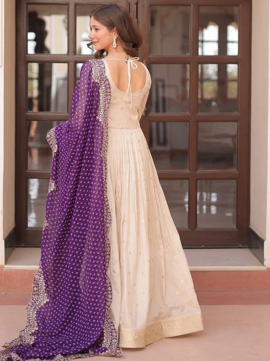 Beige Bead Work Jacquard Festive Wear Gown With Purple/Red/Pink Dupatta