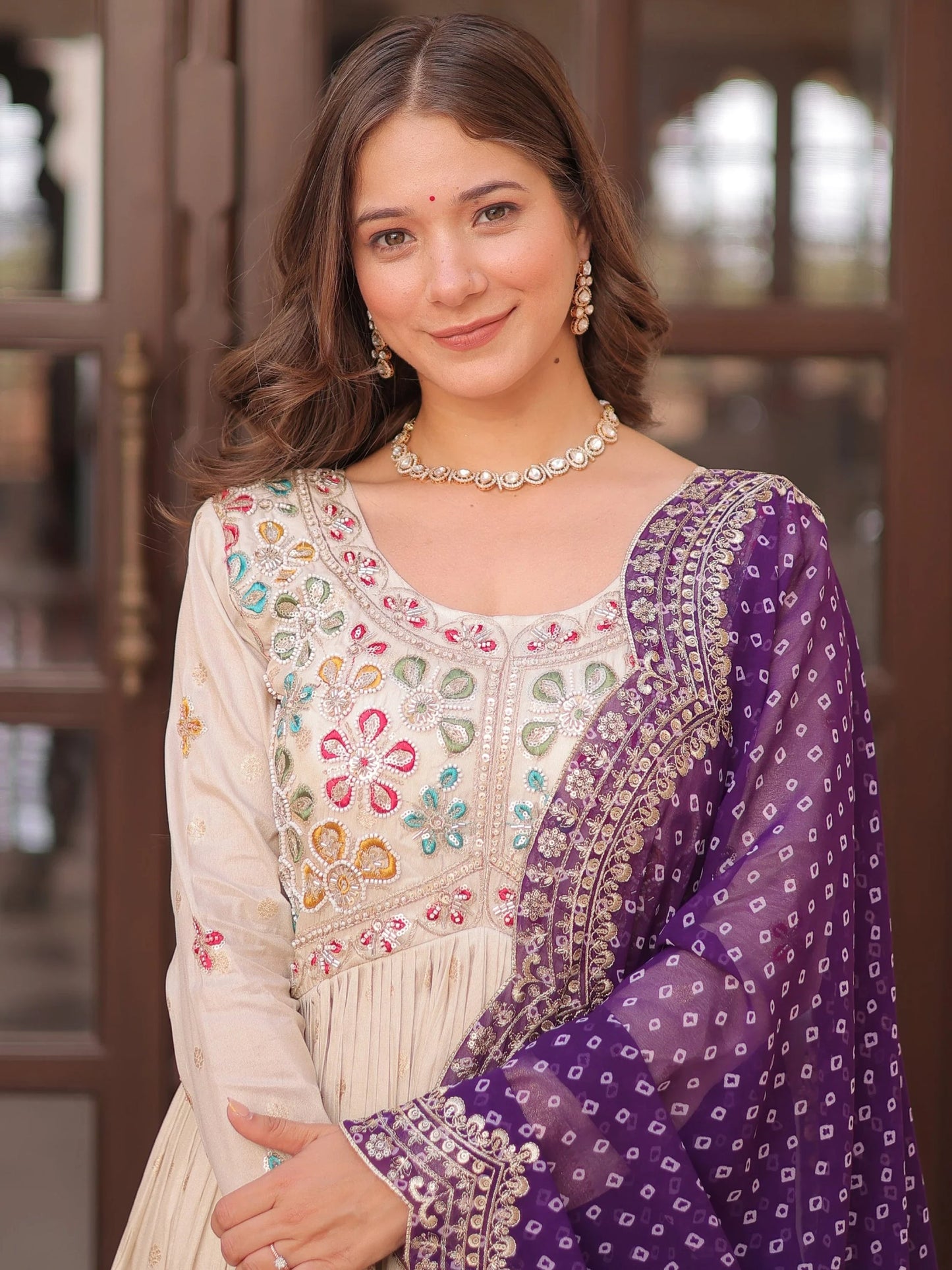 Beige Bead Work Jacquard Festive Wear Gown With Purple/Red/Pink Dupatta