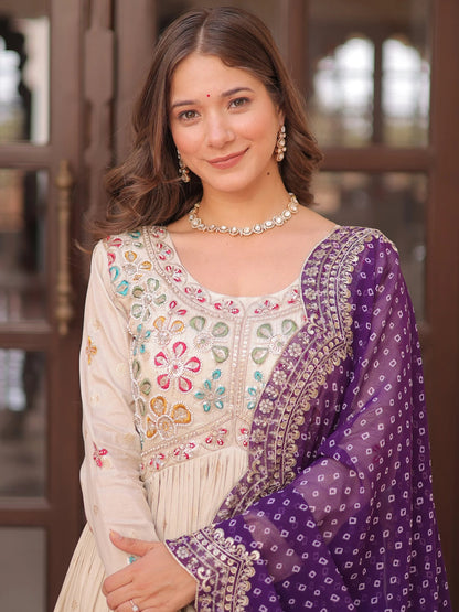 Beige Bead Work Jacquard Festive Wear Gown With Purple/Red/Pink Dupatta