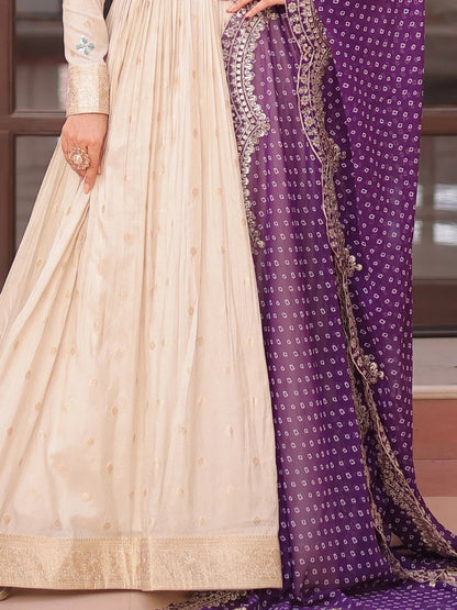 Beige Bead Work Jacquard Festive Wear Gown With Purple/Red/Pink Dupatta