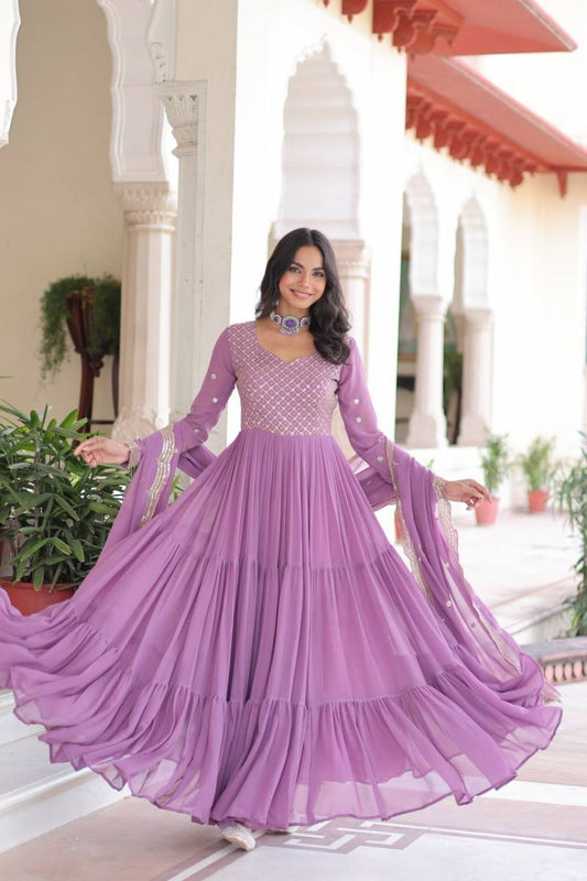 Faux Georgette Embroidered Gown with Sequins & Zari Work (With Dupatta)