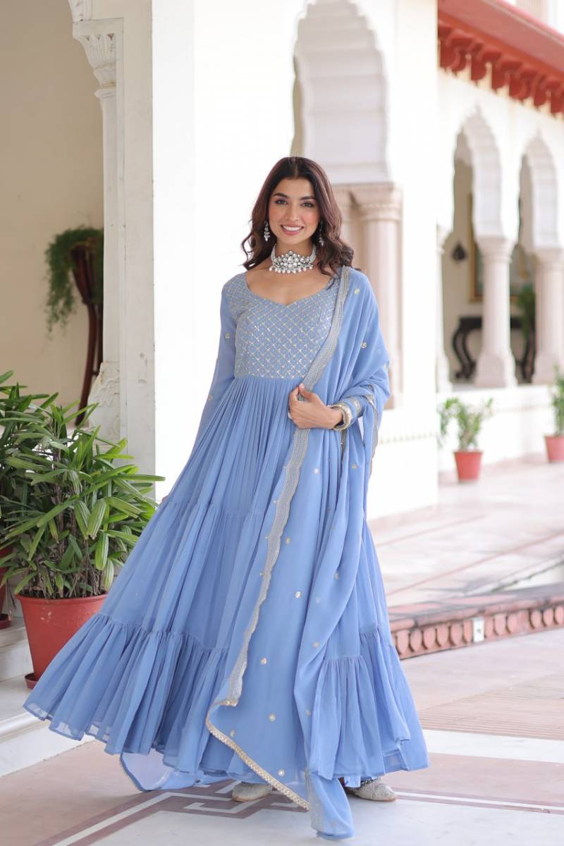 Faux Georgette Embroidered Gown with Sequins & Zari Work (With Dupatta)