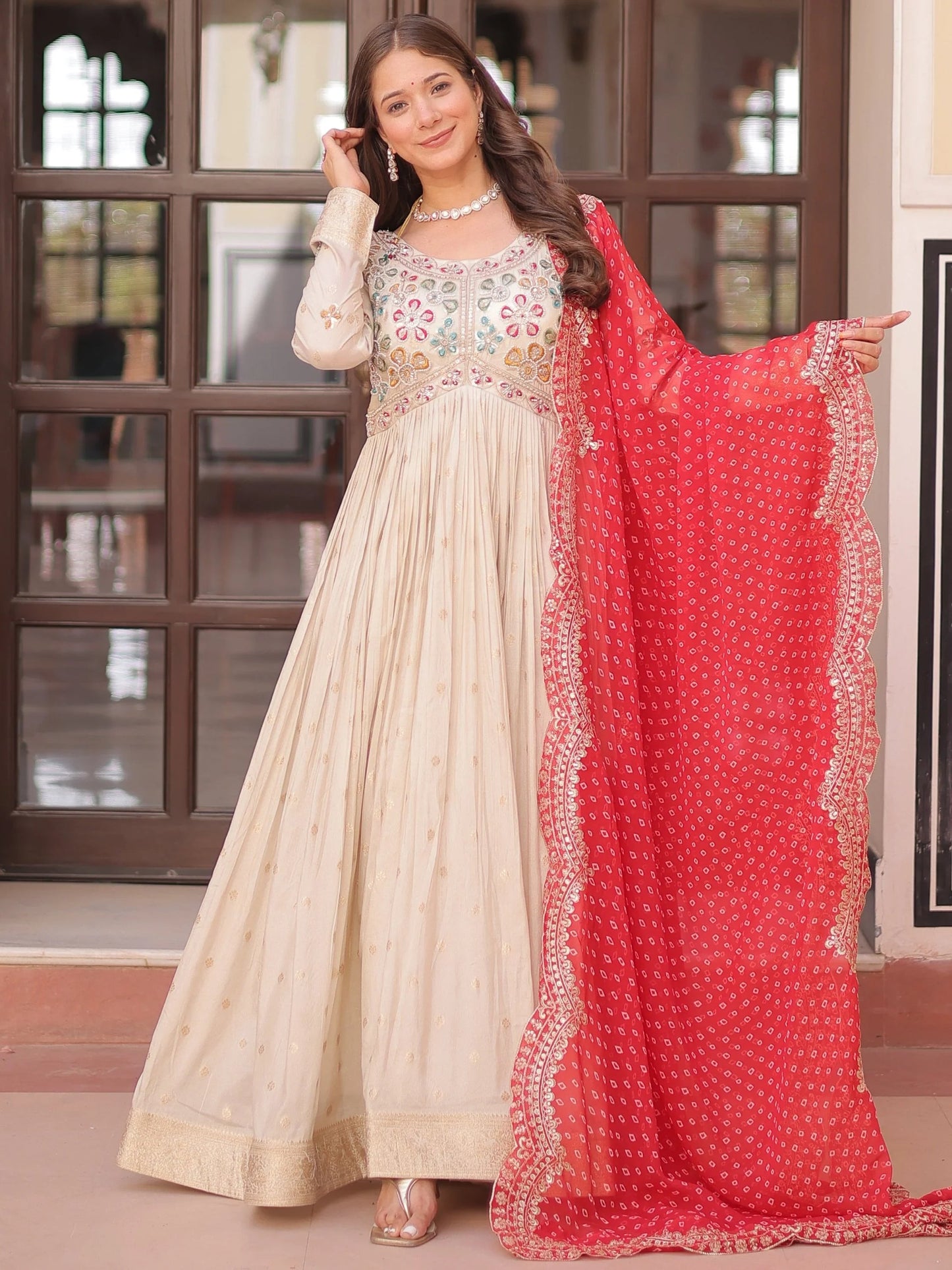 Beige Bead Work Jacquard Festive Wear Gown With Purple/Red/Pink Dupatta