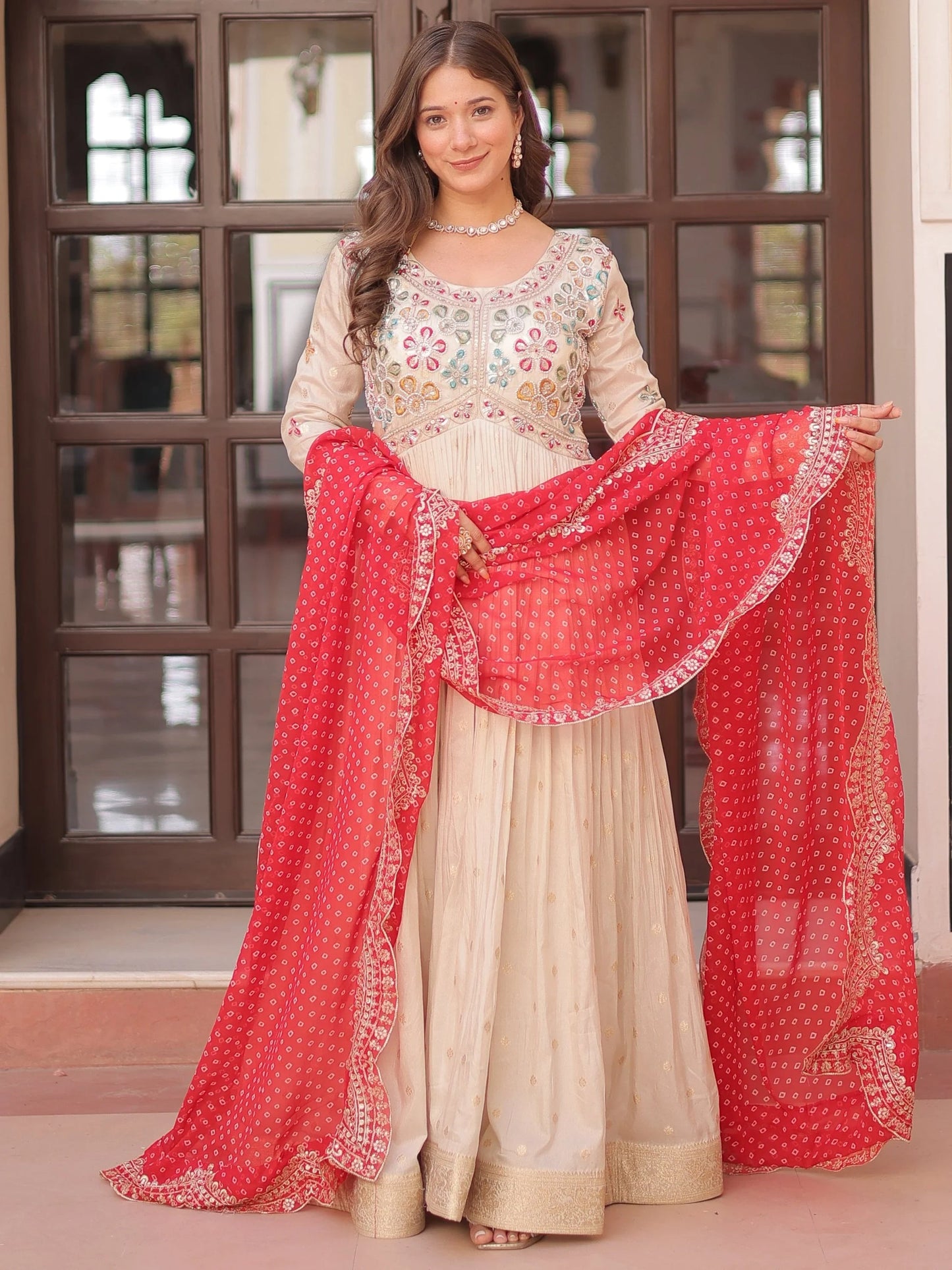 Beige Bead Work Jacquard Festive Wear Gown With Purple/Red/Pink Dupatta