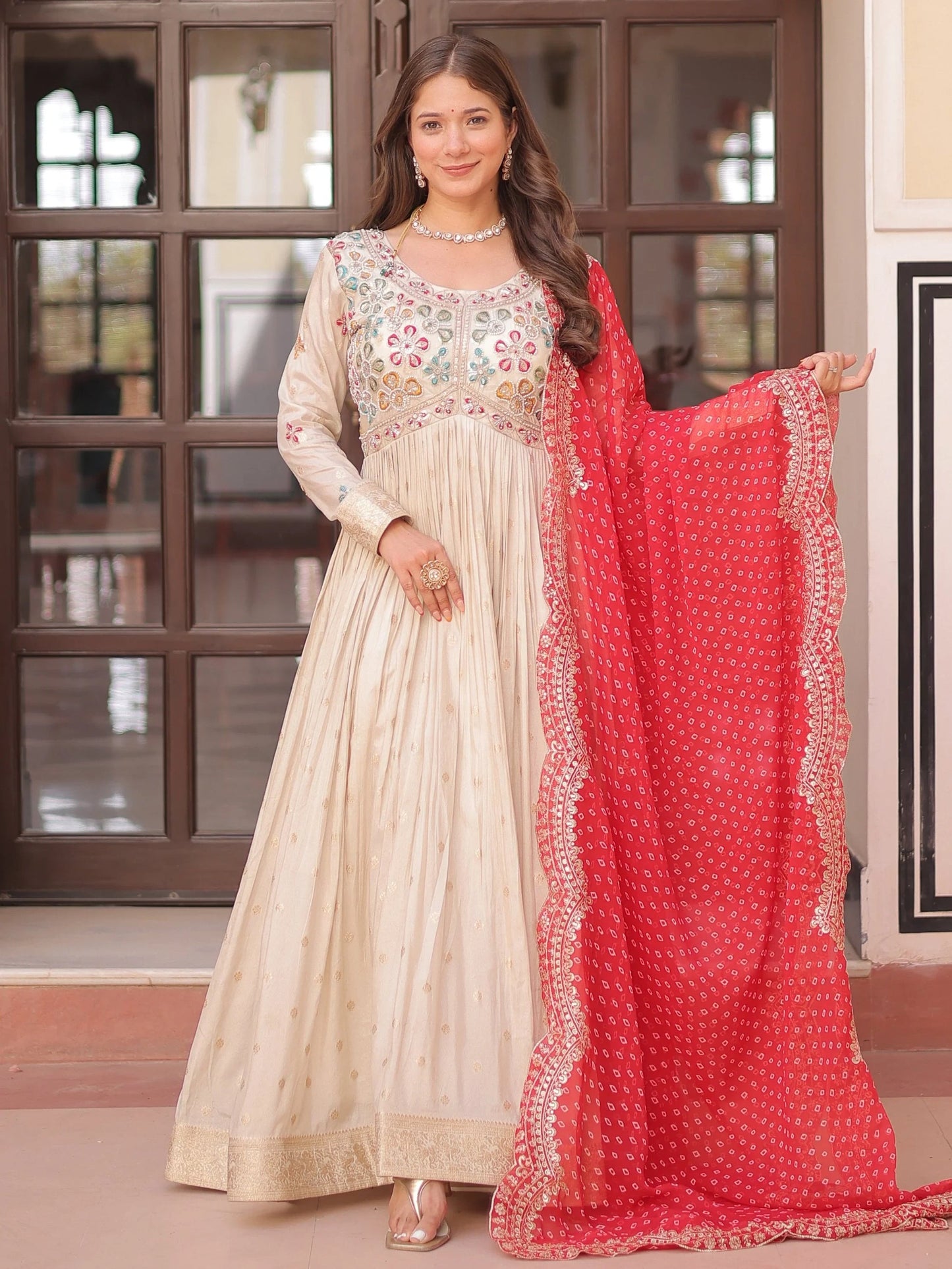 Beige Bead Work Jacquard Festive Wear Gown With Purple/Red/Pink Dupatta