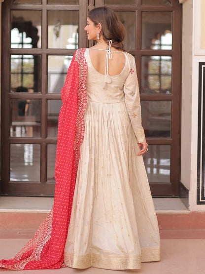 Beige Bead Work Jacquard Festive Wear Gown With Purple/Red/Pink Dupatta