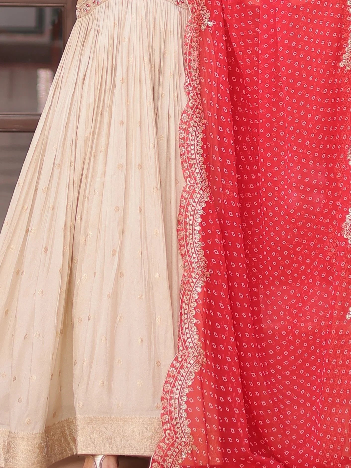 Beige Bead Work Jacquard Festive Wear Gown With Purple/Red/Pink Dupatta