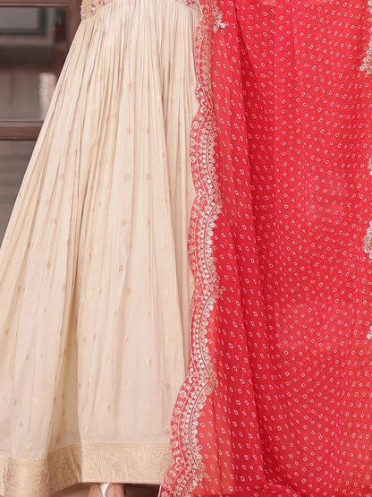 Beige Bead Work Jacquard Festive Wear Gown With Purple/Red/Pink Dupatta